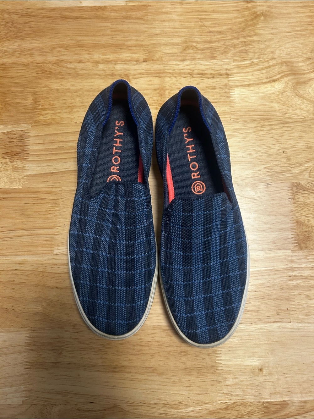 Rothy's Slip On Indigo Gingham Knit Sneakers